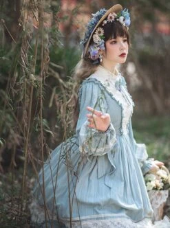 Classic Lolita Simple Jacquard Lace Embroidery Pleated Ruffle Pure Cotton Bow Brooch Decoration Long Sleeves Dress -MIMY Lolita Shop 5 500x672 567