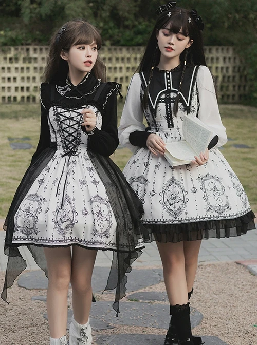 Adjustable Shoulder Strap V Type Lace Neckline Design Butterfly Magic Print Irregular Black Net Yarn Hem Gothic Lolita Sleeveless Dress 3 Adjustable Shoulder Strap V Type Lace Neckline Design Butterfly Magic Print Irregular Black Net Yarn Hem Gothic Lolita Sleeveless Dress