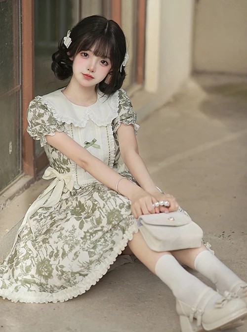 Secret Garden Series Elegant Fresh Doll Collar Bowknot Decorated Green Plant Printed Ruffle Hem Classic Lolita Puff Sleeve Dress 7 Secret Garden Series Elegant Fresh Doll Collar Bowknot Decorated Green Plant Printed Ruffle Hem Classic Lolita Puff Sleeve Dress - Image 5