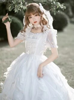 Fairy Summer White Mesh Yarn Flower Wedding Classic Lolita Puff Sleeves Bowknot Doll Collar Dress -MIMY Lolita Shop 5 500x672 572