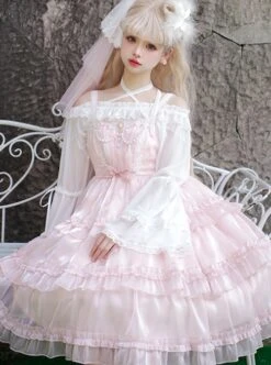Star Yarn Love Song Series JSK Pure Color Three Stage Cake Hem Oversized Bowknot Trailing Classic Lolita Sleeveless Dress -MIMY Lolita Shop 5 500x672 574