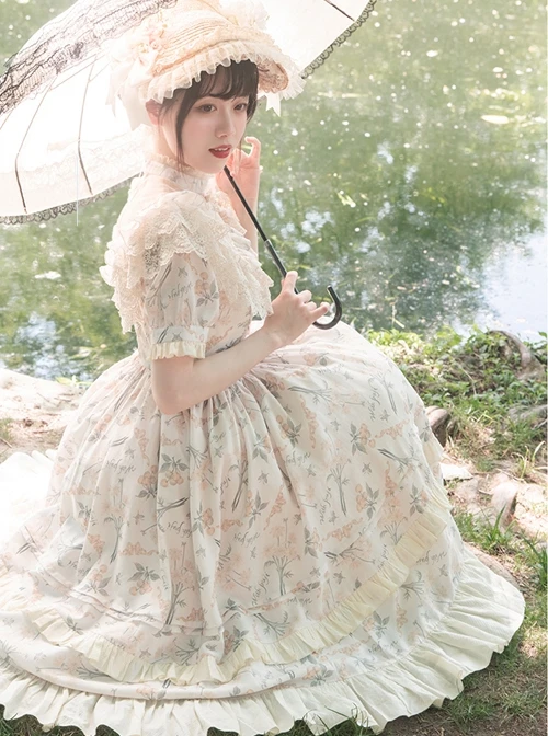Summer Solstice Series Lace Translucent Design Daisy Cherry Floral Print Ruffle Hem Summer Classic Lolita Short Sleeve Dress 3 Summer Solstice Series Lace Translucent Design Daisy Cherry Floral Print Ruffle Hem Summer Classic Lolita Short Sleeve Dress