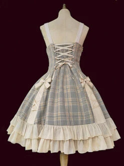 Backlight Memories Record Grey Khaki Check Design Cross Tie Bow Knots Grace Pleated Lace Classic Lolita Slip Dress -MIMY Lolita Shop 5 500x672 583