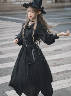 Cat-eye Series OP Black Halloween Darkness Retro Irregular Hem Gothic Lolita Long Sleeve Dress -MIMY Lolita Shop 5 500x672 6