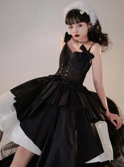 Pure Black Asymmetric Suspenders Irregular Hem Design Detachable Waistband White Skirt Cool Girl Punk Lolita Sleeveless Dress Set -MIMY Lolita Shop 5 500x672 604