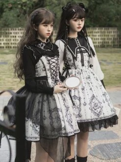 Personality Pointed Teeth Collar Design Leg Of Lamb Sleeve Butterfly Magic Print Black White Gothic Lolita Long-Sleeved Dress 9 Personality Pointed Teeth Collar Design Leg Of Lamb Sleeve Butterfly Magic Print Black White Gothic Lolita Long-Sleeved Dress -MIMY Lolita Shop 5 500x672 62