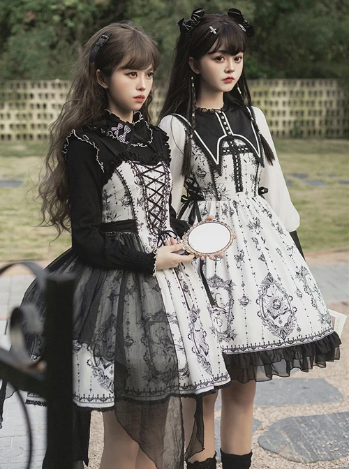 Personality Pointed Teeth Collar Design Leg Of Lamb Sleeve Butterfly Magic Print Black White Gothic Lolita Long-Sleeved Dress 5 Personality Pointed Teeth Collar Design Leg Of Lamb Sleeve Butterfly Magic Print Black White Gothic Lolita Long-Sleeved Dress - Image 3