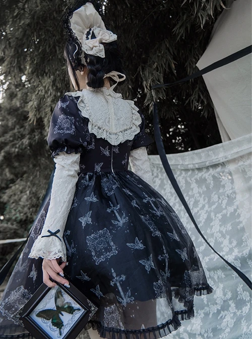 Lace Stitching Round Neck Butterfly Embroidery Cute Puff Sleeve Butterfly Print Daily Simple Gothic Lolita Short Sleeve Dress 9 Lace Stitching Round Neck Butterfly Embroidery Cute Puff Sleeve Butterfly Print Daily Simple Gothic Lolita Short Sleeve Dress - Image 7