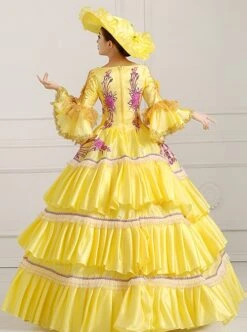Yellow Mid-length Sleeve Sequin Pink Flowers Embroidery European Court Lolita Prom Dress -MIMY Lolita Shop 5 500x672 673