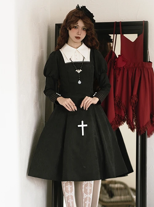 Redemption Cross Series Gothic Lolita Bat Necklace Nun Style Black Holiness Puff Long Sleeve Dress 3 Redemption Cross Series Gothic Lolita Bat Necklace Nun Style Black Holiness Puff Long Sleeve Dress