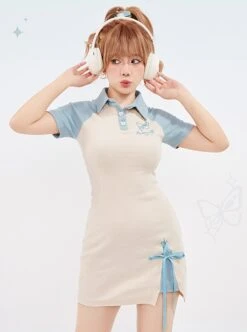 College Style Butterfly Embroidery Polo Collar Color Matching Dress Slim Waist Slim School Lolita Dress -MIMY Lolita Shop 5 500x672 722