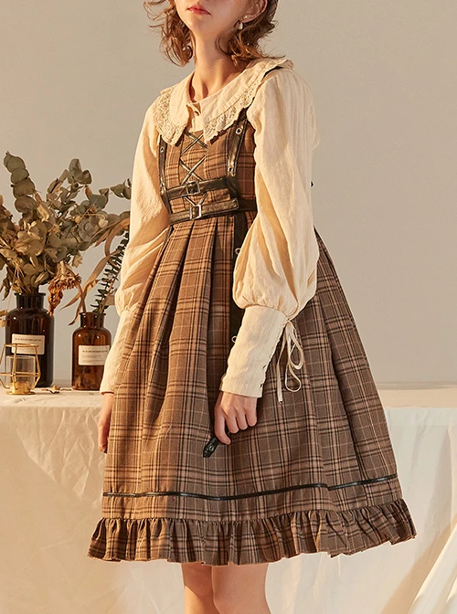 Little Detective Series JSK School Lolita Brown Plaid Sling Dress And Cloak 7 Little Detective Series JSK School Lolita Brown Plaid Sling Dress And Cloak - Image 5