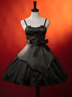 Dark Solid Gothic Halloween Style Irregular Cut At The Hem Bow Belt Decoration Lolita Witch Dress Set -MIMY Lolita Shop 5 500x672 77