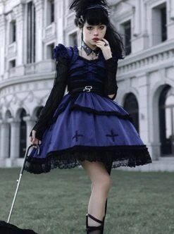 Cycle Series Klein Blue Velvet Halloween Cross Lace Gothic Lolita Short Sleeve Dress -MIMY Lolita Shop 5 500x672 87
