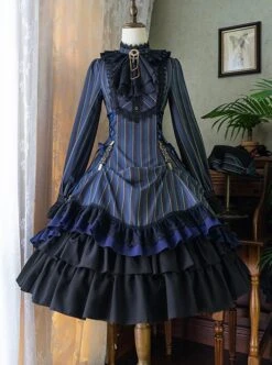 Gothic Style Elegant Retro Stand Collar Stripe Contrasting Color Slim Fit Gothic Lolita Long Sleeve Dress -MIMY Lolita Shop 5 500x672 89