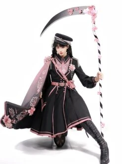 Sakura Theme Black Pink Gradient Sweet Cool Military Lolita Sweet Side Shoulder 3D Flowers Cloak Long Sleeves Dress Set -MIMY Lolita Shop 5 500x672 9