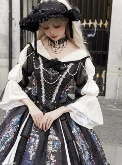 Black Classical Palace Style Gorgeous Colorful Windows Retro Lace Necklace Hat Gothic Lolita Long Sleeves Dress Set -MIMY Lolita Shop 5 500x672 90