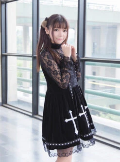 Crucifix Embroidery Lace Velvet Retro Gothic Lolita Dress -MIMY Lolita Shop 5 500x672 91