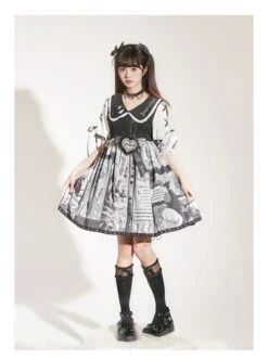 Little Tengu Series OP Doll Collar Printing Black Cute Gothic Lolita Short Sleeve Dress -MIMY Lolita Shop 5 500x672 97