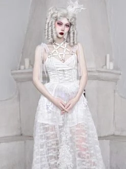 Perspective White Lace Hem Design Asymmetric Stitching V-Neck Detachable Pentagram Accessories Gothic Lolita Sleeveless Dress
