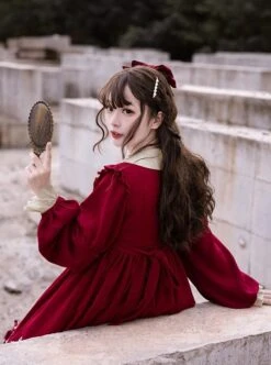 Starry Night Series Round Neck Bowknot Cute Girly Cross Embroidery Ruffle Hem Gothic Lolita Long Sleeve Dress -MIMY Lolita Shop 6 500x672 107