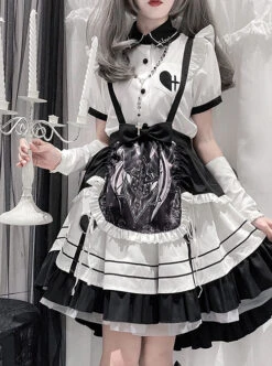 Aries Series JSK British Style Maid Outfit Black Printing Decoration Bow Knots Pleated Lace Gothic Lolita Short Sleeve Dress Set -MIMY Lolita Shop 6 500x672 110