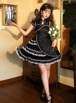 Damask Series OP Chinese Style Black Short Cheongsam Retro Elegant Gothic Lolita Short Sleeve Dress -MIMY Lolita Shop 6 500x672 116