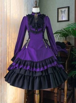 Gothic Style Pure Color Retro Elegant Stand Collar Striped Gothic Lolita Slim Fit Long Sleeve Dress -MIMY Lolita Shop 6 500x672 12