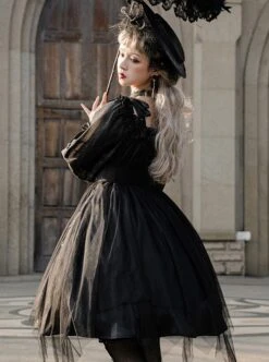 Solid Color Two-Wear Off-The-Shoulder Lantern Sleeve Metal Chain Waistband Irregular Hem Gothic Lolita Long-Sleeved Dress -MIMY Lolita Shop 6 500x672 120
