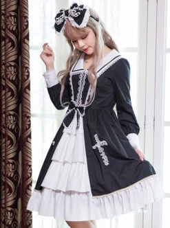 Black And White Bowknot Lace Crucifix Gothic Lolita Lapel Long Sleeve Dress -MIMY Lolita Shop 6 500x672 126
