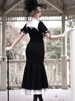 Undead Prayer Series Nun Style Black-White Cross Embroidered Fishtail Skirt Lace Cover Skirt Gothic Lolita Short-Sleeved Dress -MIMY Lolita Shop 6 500x672 129