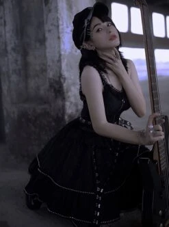 Imprisonment Song Series Silver Chain Leather Belt Sweet Cool Dark Black Punk Gothic Lolita Vest Puff Sleeves Dress Set -MIMY Lolita Shop 6 500x672 131