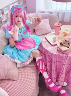 Vintage Playful Maid Coffee Cute Lace Doll Collar Pink Bowknot Apron Sweet Lolita Short Sleeve Dress -MIMY Lolita Shop 6 500x672 149