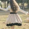 Lamb Ollie Series Apricot Cute Soft Lambswool Stitched Black Bowknot Belt Ruffled Hem Sweet Lolita Sleeveless Dress JSK Set