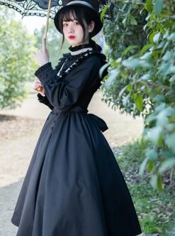 Olivia Series Black Small Stand Collar Ruffles White Round Splice V Shape Line Elegant Large Hem Gothic Lolita Lantern Long Sleeve Dress -MIMY Lolita Shop 6 500x672 17