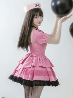 Sweet Whisper Series Black Pink Y2K Landmine Girl Ruffled Crew Neck Lace Sweet Lolita Fluffy Bowknot Short Sleeve Dress -MIMY Lolita Shop 6 500x672 185