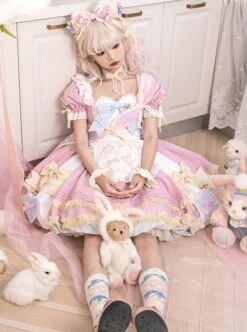 Pink Sweet Cute Little Maid Print Apron Puff Sleeves Bowknot Decoration Girls Sweet Lolita Short Sleeve Dress -MIMY Lolita Shop 6 500x672 189