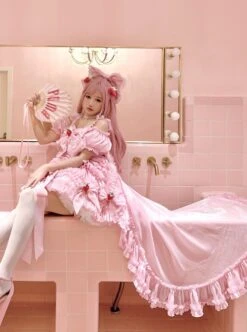 Pink Sweet Lolita Cute Strawberry Bowknot Decoration Oversized Bowknot Long Trailing Design Short-Sleeved Dress -MIMY Lolita Shop 6 500x672 196