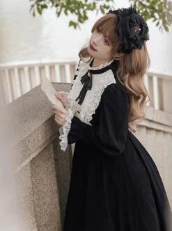 Silent Poem Series Black Nun Autumn Winter White Ruffles Lace Classic Retro Gothic Style Lamb Leg Sleeves Dress -MIMY Lolita Shop 6 500x672 20