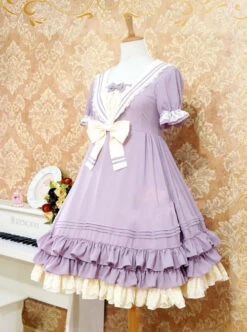 Navy Blue Bowknot Sweet Lolita Short Sleeve Dress -MIMY Lolita Shop 6 500x672 210
