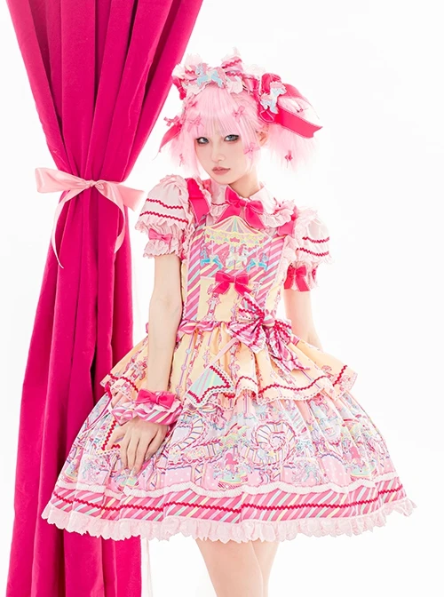 Candy Amusement Park Series Cute Colorful Striped Carousel Print Lace Ruffle Bowknot Sweet Lolita Sleeveless Dress 9 Candy Amusement Park Series Cute Colorful Striped Carousel Print Lace Ruffle Bowknot Sweet Lolita Sleeveless Dress - Image 7