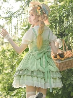 Lucky Day Series Green Plaid Stitching Small Fresh Rabbit Print Cute Girly Sweet Lolita Sleeveless Dress Set -MIMY Lolita Shop 6 500x672 228