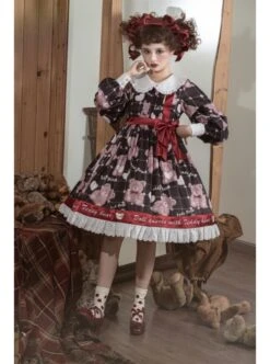 Doll Bear Series OP Doll Collar Cute Bears Printing Sweet Lolita Long Sleeve Dress -MIMY Lolita Shop 6 500x672 231