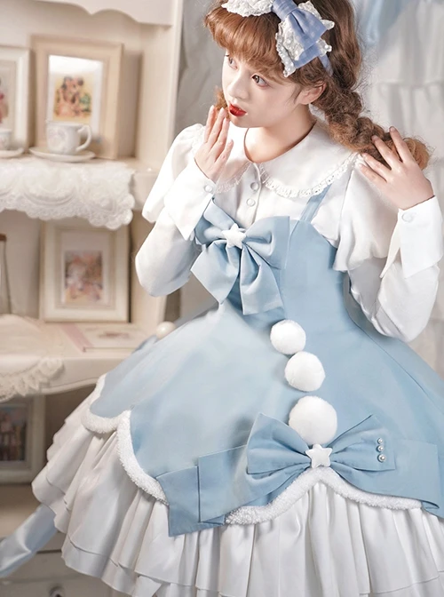 Winter Fairy Tale Series Big Bowknot Star Fur Ball Plush Hem Design Slim Long Sleeve Doll Collar Shirt Sweet Lolita Sleeveless Dress Set 4 Winter Fairy Tale Series Big Bowknot Star Fur Ball Plush Hem Design Slim Long Sleeve Doll Collar Shirt Sweet Lolita Sleeveless Dress Set - Image 2