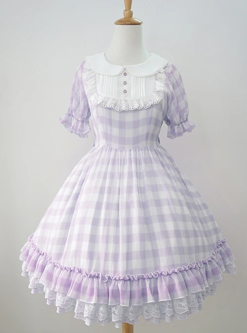 Plaid Chiffon Doll Collar Sweet Lolita Short Sleeve Dress 9 Plaid Chiffon Doll Collar Sweet Lolita Short Sleeve Dress - Image 7