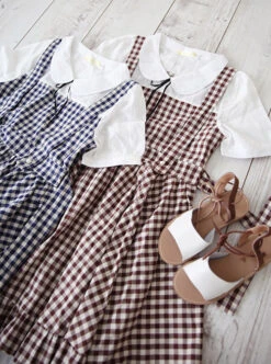 Pastoral Style Lattice Fake Two Pieces Sweet Lolita Short Sleeves Dress -MIMY Lolita Shop 6 500x672 246