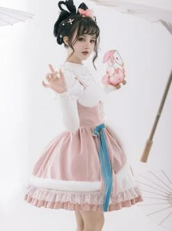 Peach Blossom Fan Series Pink Chinese Style Velvet Embroidery White Fluffy Hair Ball Lace Bowknot Puff Sleeve Short Coat Sleeveless Dress JSK -MIMY Lolita Shop 6 500x672 253