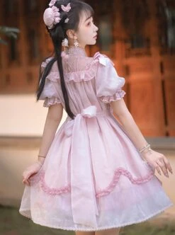 Lovely Ancient Style Peach Blossom Dark Pattern Lace Stand Collar Pearl Bowknot Small Bell Decoration Sweet Lolita Puff Sleeve Dress -MIMY Lolita Shop 6 500x672 262