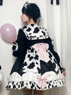 Sweet Snow Ranch Story Series OP Pleated Hem Design Bowknot Sweet Cow Color Sweet Lolita Long Sleeve Dress -MIMY Lolita Shop 6 500x672 274