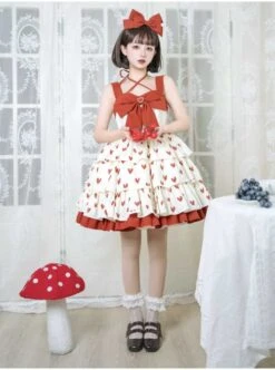 Hi My Sweetheart Series JSK Summer White Short Three-segment Hem Red Love ​Lace Bow Decoration Sweet Lolita Sleeveless Dress -MIMY Lolita Shop 6 500x672 284